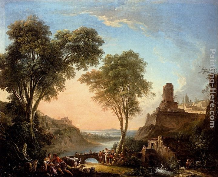 Nicolas-Jacques Juliard Figures Resting On The Banks Of A River, A Bridge In The Distance